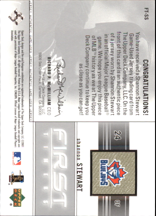 2002 Upper Deck First Timers Game Jersey #FTSS Shannon Stewart back image