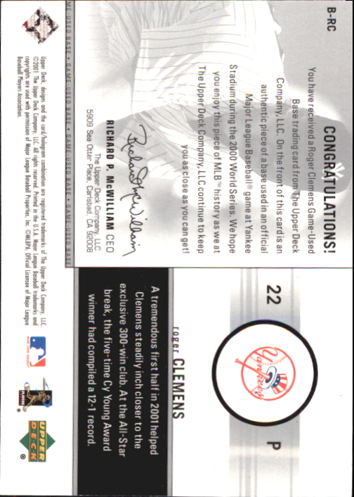 2002 Upper Deck Game Base #BRC Roger Clemens back image