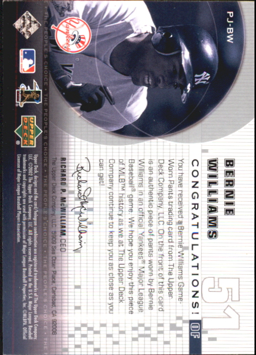 2002 Upper Deck Peoples Choice Game Jersey #PJBW Bernie Williams back image