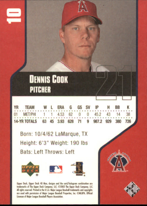 2002 Upper Deck 40-Man #10 Dennis Cook back image