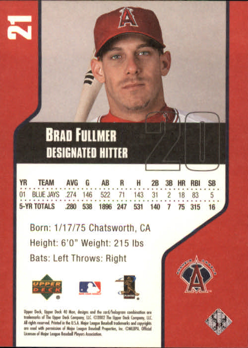 2002 Upper Deck 40-Man #21 Brad Fullmer back image
