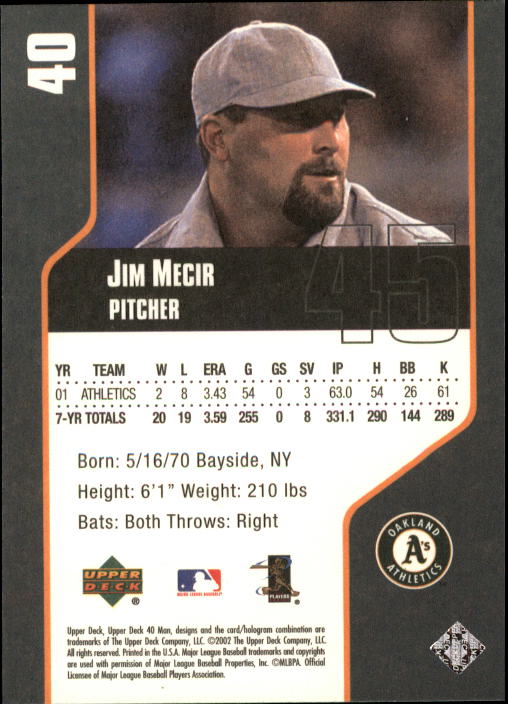 2002 Upper Deck 40-Man #40 Jim Mecir back image