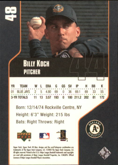 2002 Upper Deck 40-Man #48 Billy Koch back image