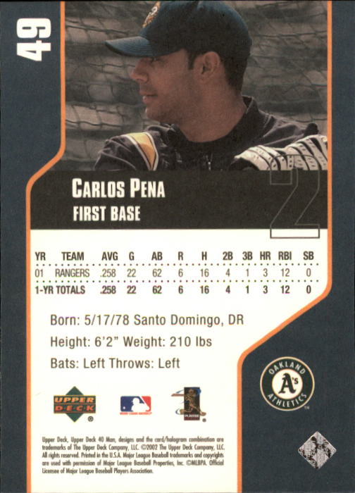 2002 Upper Deck 40-Man #49 Carlos Pena back image