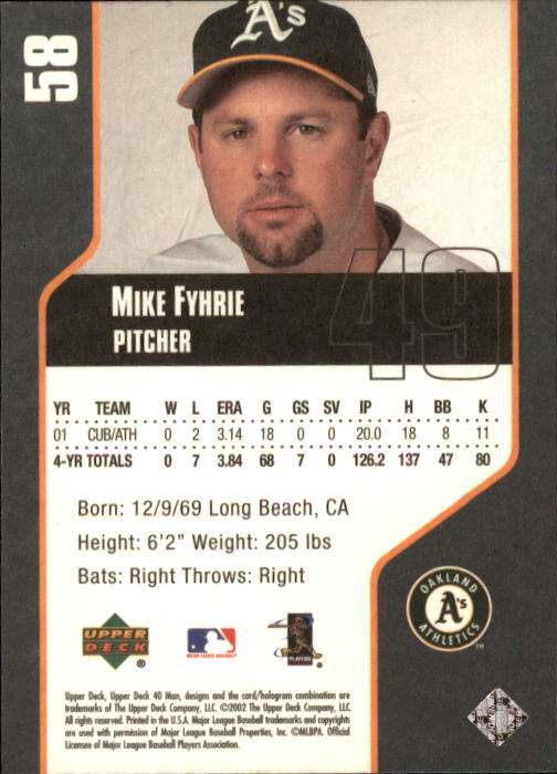2002 Upper Deck 40-Man #58 Mike Fyhrie back image