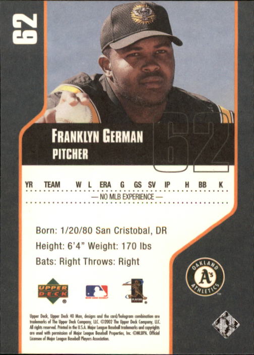 2002 Upper Deck 40-Man #62 Franklyn German RC back image