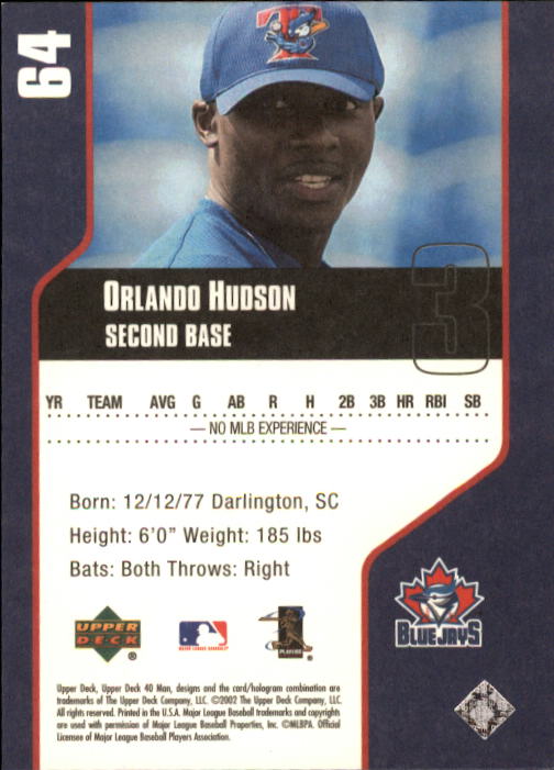 2002 Upper Deck 40-Man #64 Orlando Hudson back image