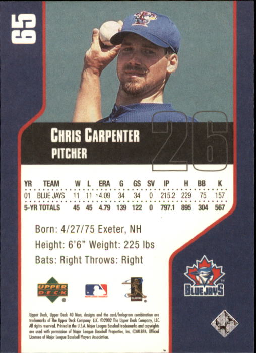 2002 Upper Deck 40-Man #65 Chris Carpenter back image