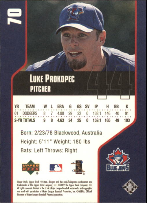 2002 Upper Deck 40-Man #70 Luke Prokopec back image