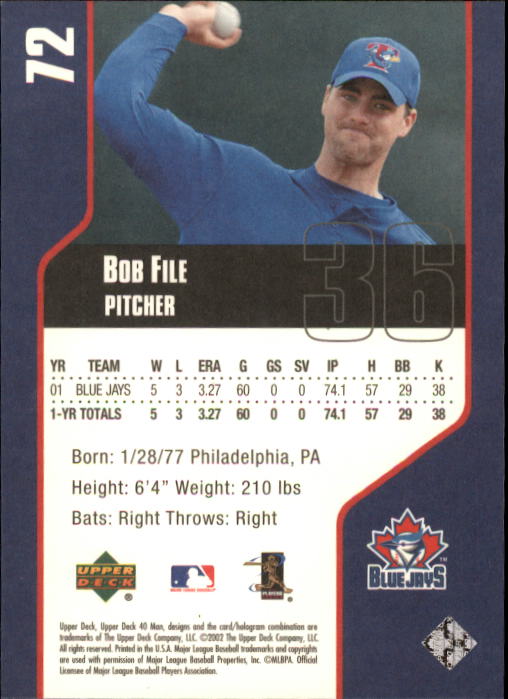2002 Upper Deck 40-Man #72 Bob File back image