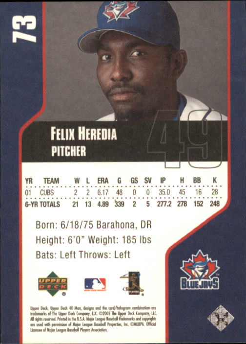 2002 Upper Deck 40-Man #73 Felix Heredia back image