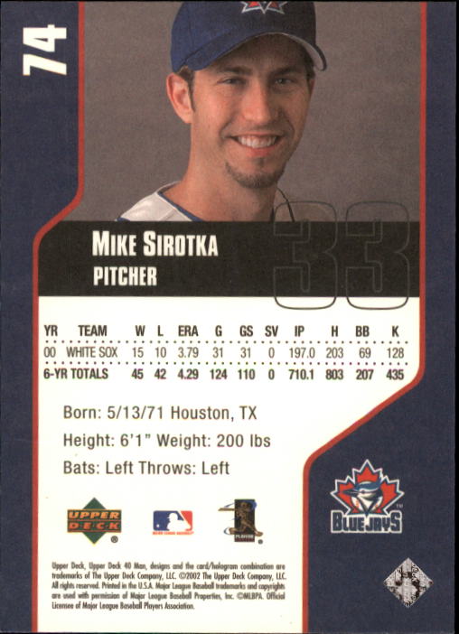 2002 Upper Deck 40-Man #74 Mike Sirotka back image