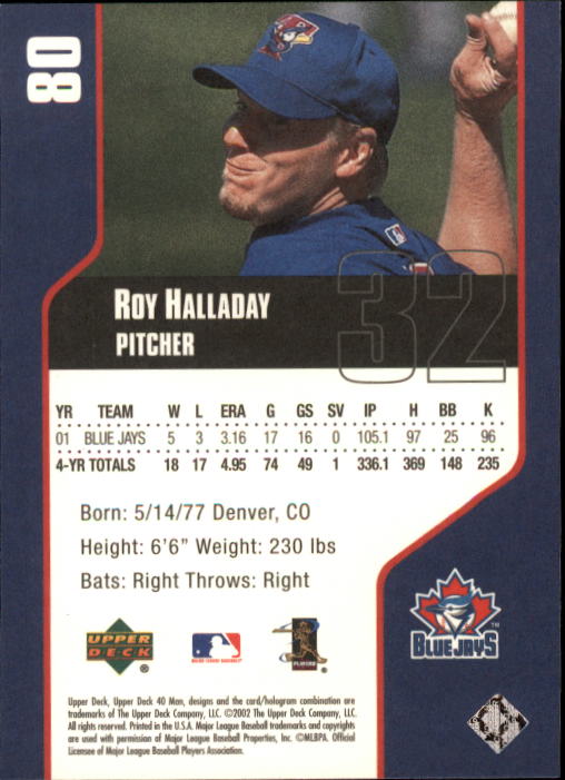 2002 Upper Deck 40-Man #80 Roy Halladay back image