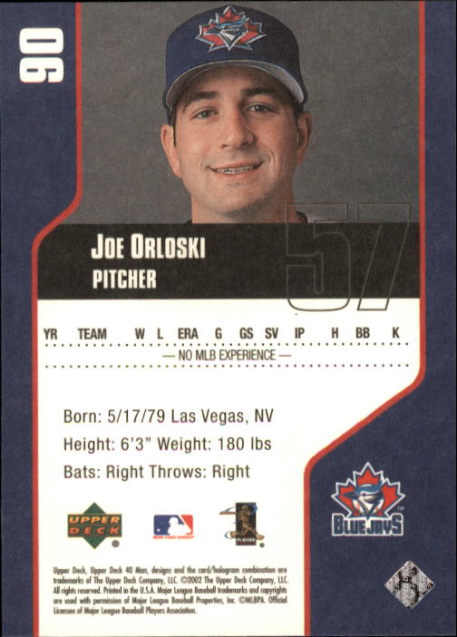 2002 Upper Deck 40-Man #90 Joe Orloski RC back image