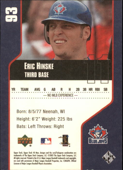 2002 Upper Deck 40-Man #93 Eric Hinske back image