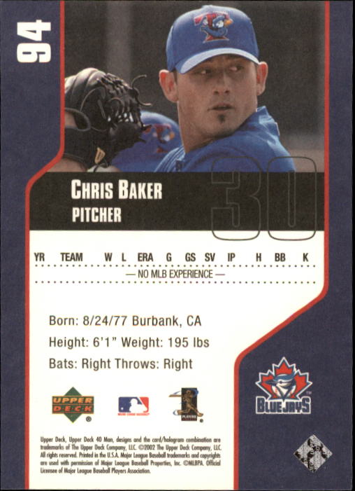 2002 Upper Deck 40-Man #94 Chris Baker RC back image