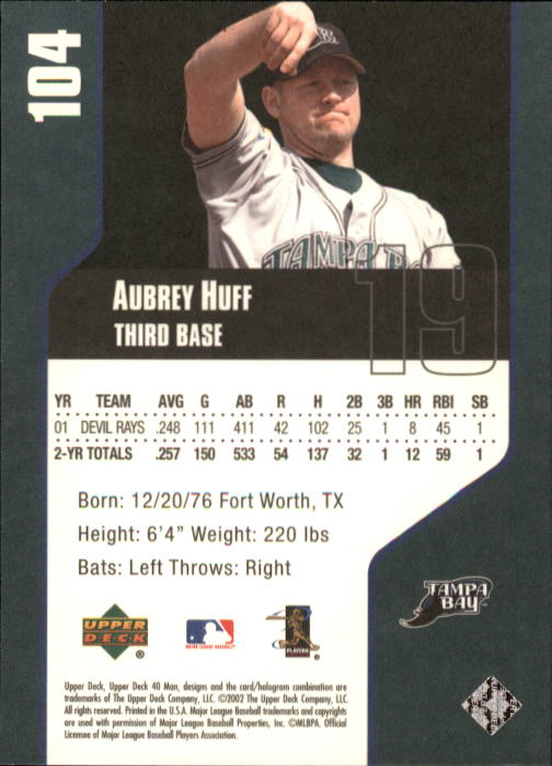 2002 Upper Deck 40-Man #104 Aubrey Huff back image