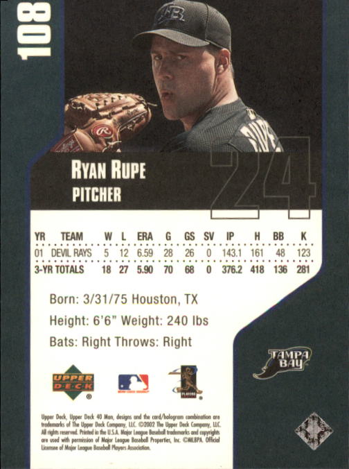 2002 Upper Deck 40-Man #108 Ryan Rupe back image