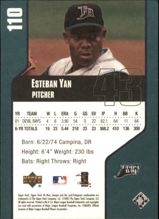 2002 Upper Deck 40-Man #110 Esteban Yan back image