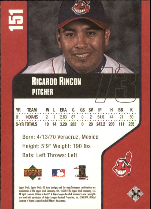 2002 Upper Deck 40-Man #151 Ricardo Rincon back image