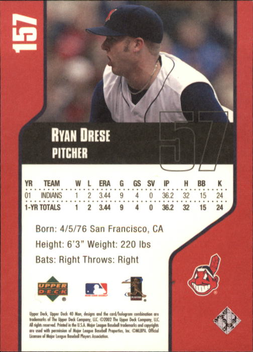 2002 Upper Deck 40-Man #157 Ryan Drese back image