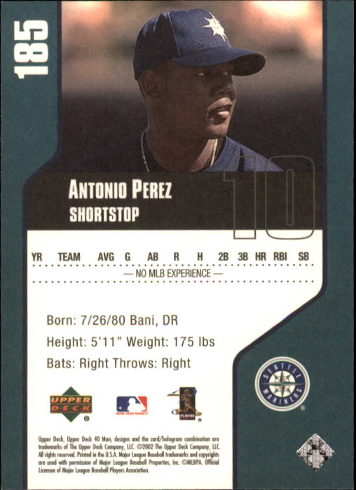 2002 Upper Deck 40-Man #185 Antonio Perez back image