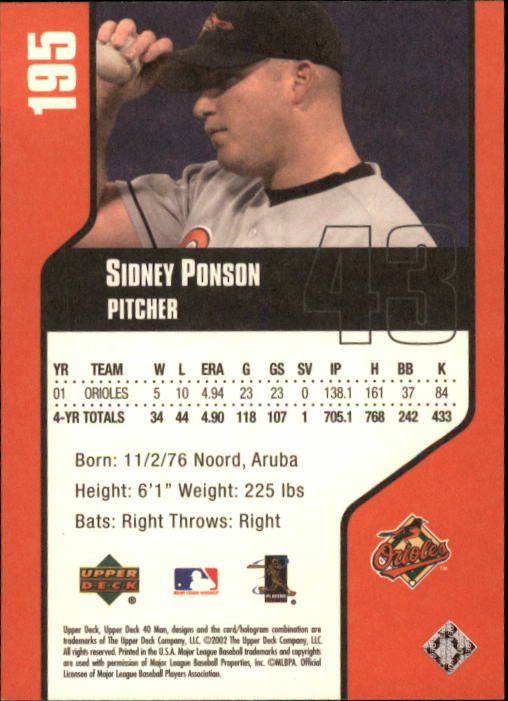 2002 Upper Deck 40-Man #195 Sidney Ponson back image