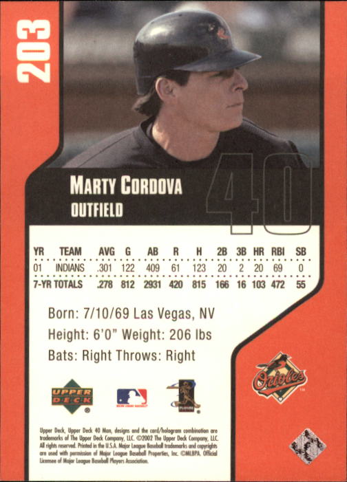 2002 Upper Deck 40-Man #203 Marty Cordova back image