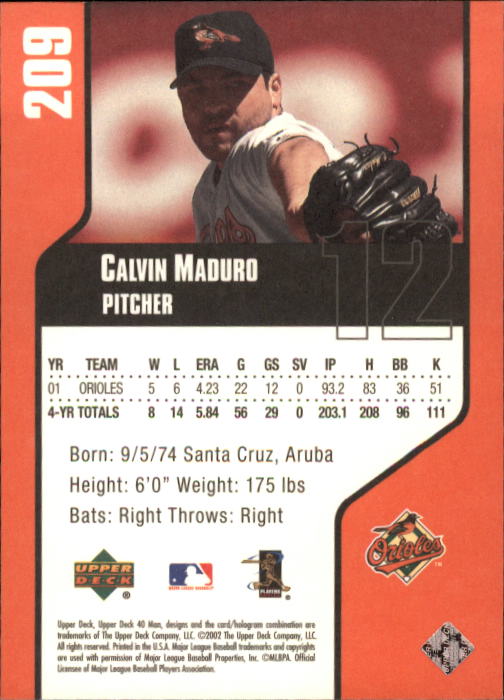 2002 Upper Deck 40-Man #209 Calvin Maduro back image