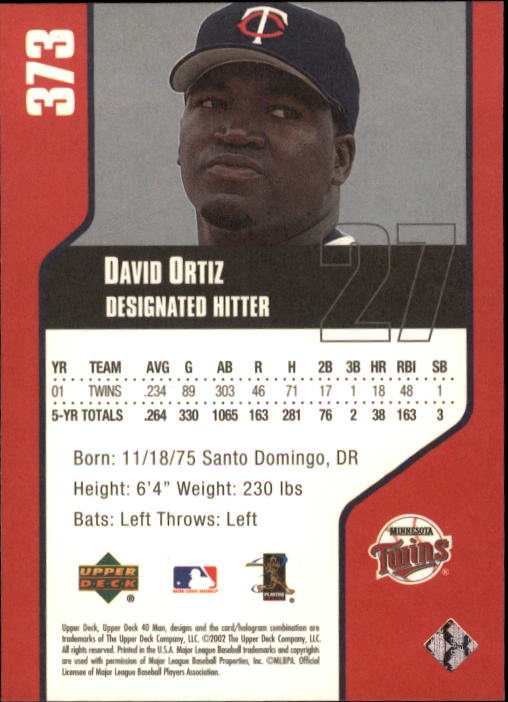 2002 Upper Deck 40-Man #373 David Ortiz back image