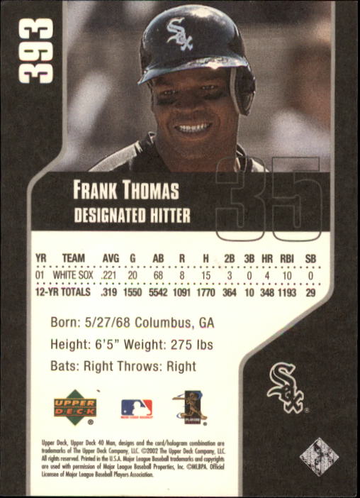 2002 Upper Deck 40-Man #393 Frank Thomas back image