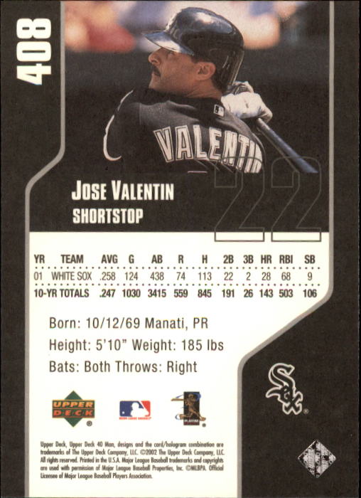 2002 Upper Deck 40-Man #408 Jose Valentin back image