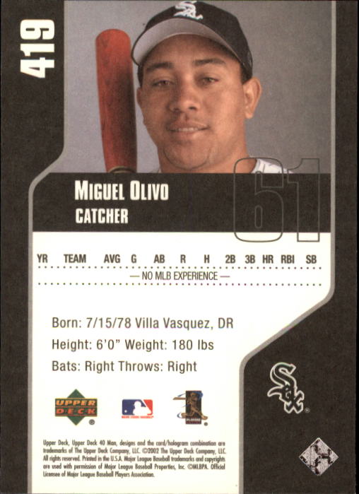 2002 Upper Deck 40-Man #419 Miguel Olivo back image