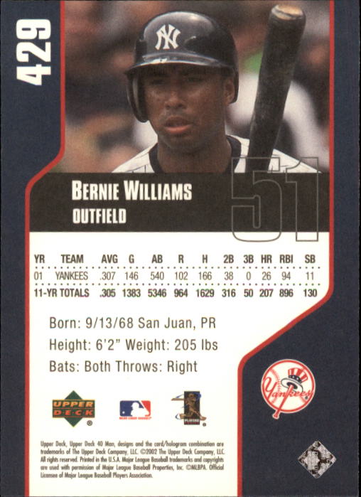 2002 Upper Deck 40-Man #429 Bernie Williams back image