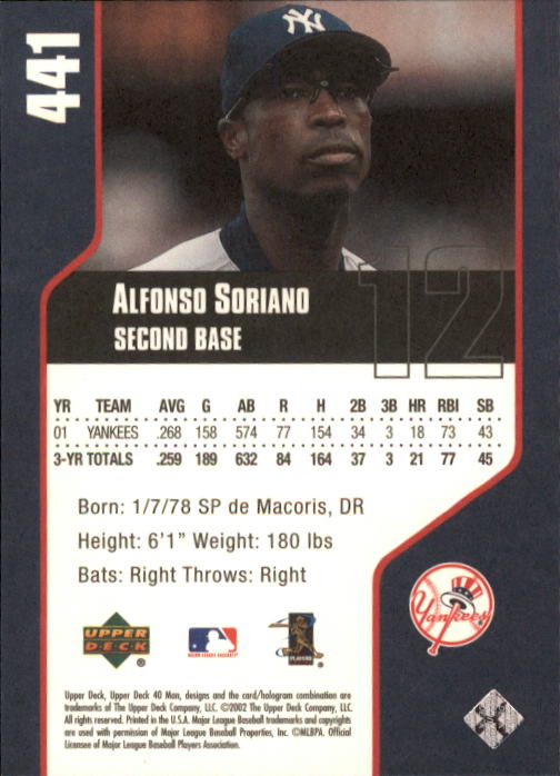 2002 Upper Deck 40-Man #441 Alfonso Soriano back image