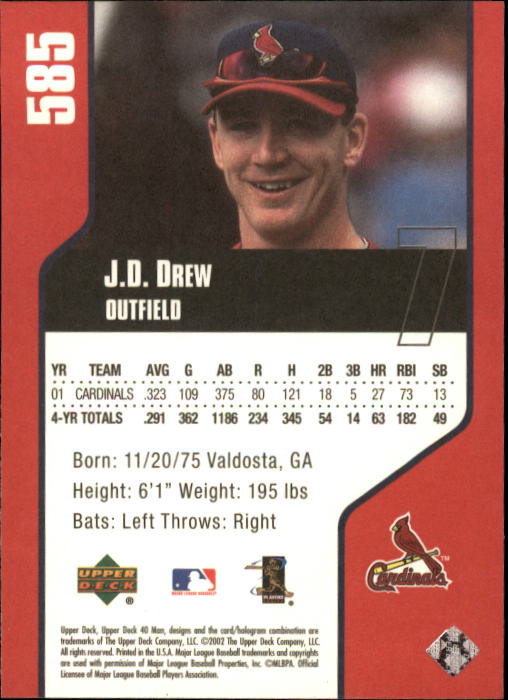 2002 Upper Deck 40-Man #585 J.D. Drew back image