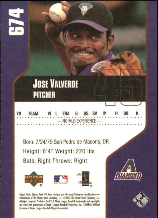 2002 Upper Deck 40-Man #674 Jose Valverde RC back image