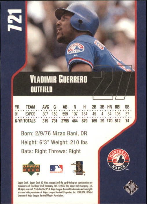 2002 Upper Deck 40-Man #721 Vladimir Guerrero back image