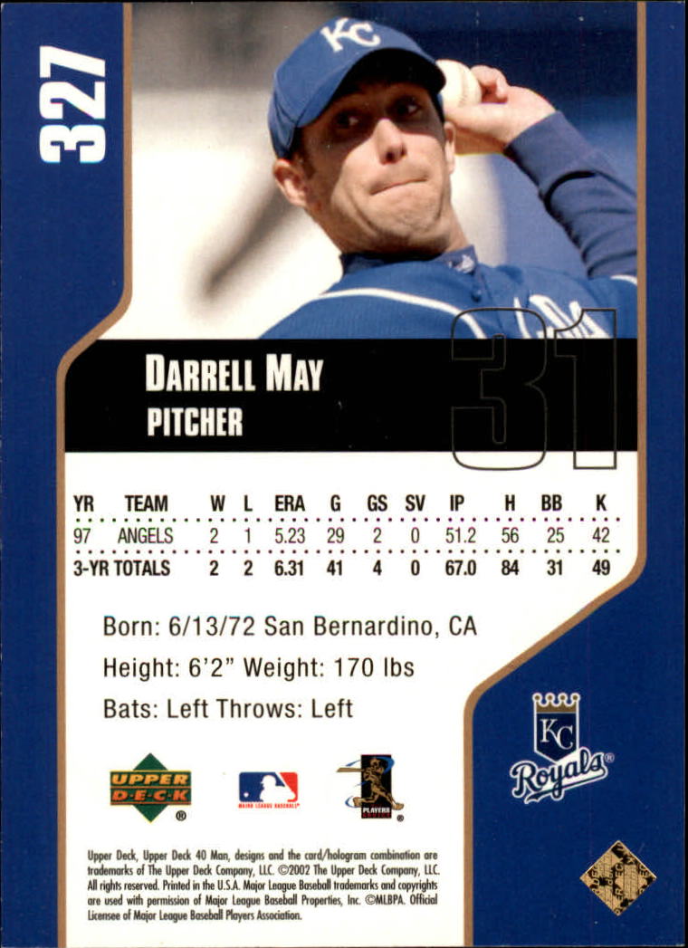 2002 Upper Deck 40-Man Electric Royals Baseball Card #327 Darrell May ...