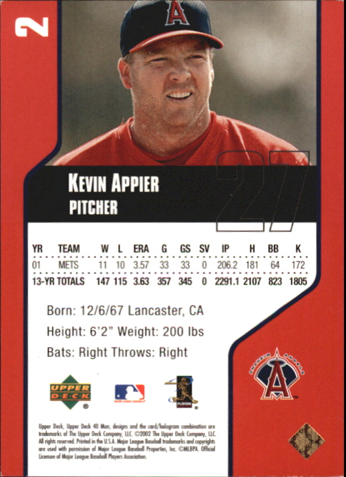 2002 Upper Deck 40-Man Electric Rainbow #2 Kevin Appier back image