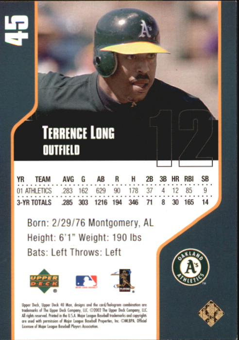 2002 Upper Deck 40-Man Electric Rainbow #45 Terrence Long back image