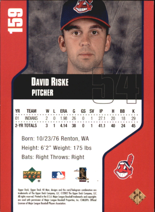 2002 Upper Deck 40-Man Electric Rainbow #159 David Riske back image