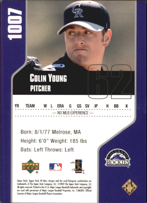 2002 Upper Deck 40-Man Electric Rainbow #1007 Colin Young back image