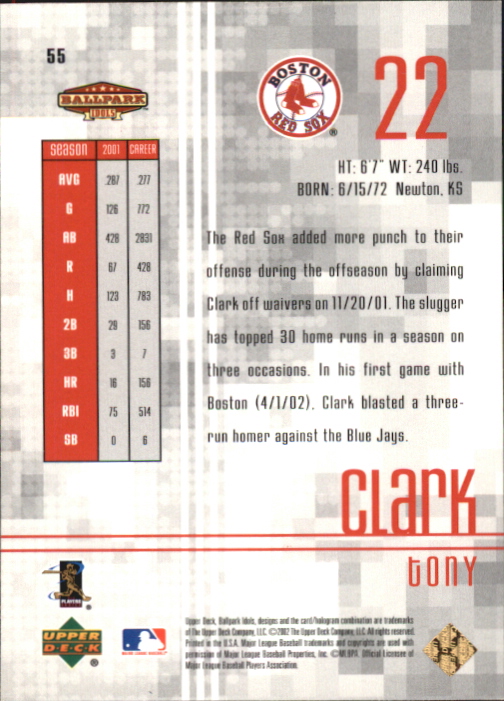 2002 Upper Deck Ballpark Idols Gold #55 Tony Clark back image