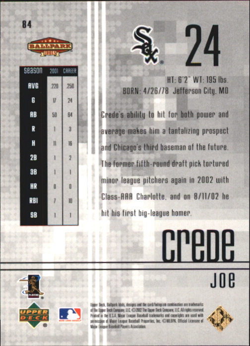 2002 Upper Deck Ballpark Idols Gold #84 Joe Crede back image