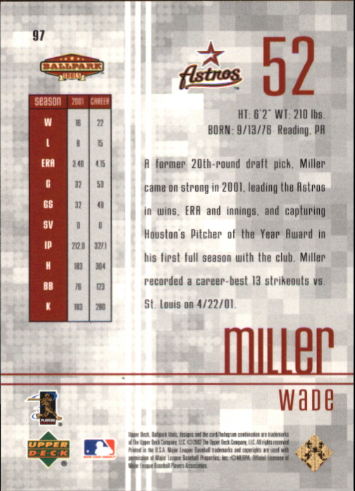 2002 Upper Deck Ballpark Idols Gold #97 Wade Miller back image