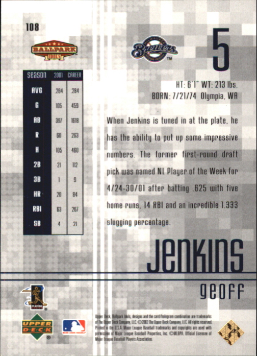2002 Upper Deck Ballpark Idols Gold #108 Geoff Jenkins back image