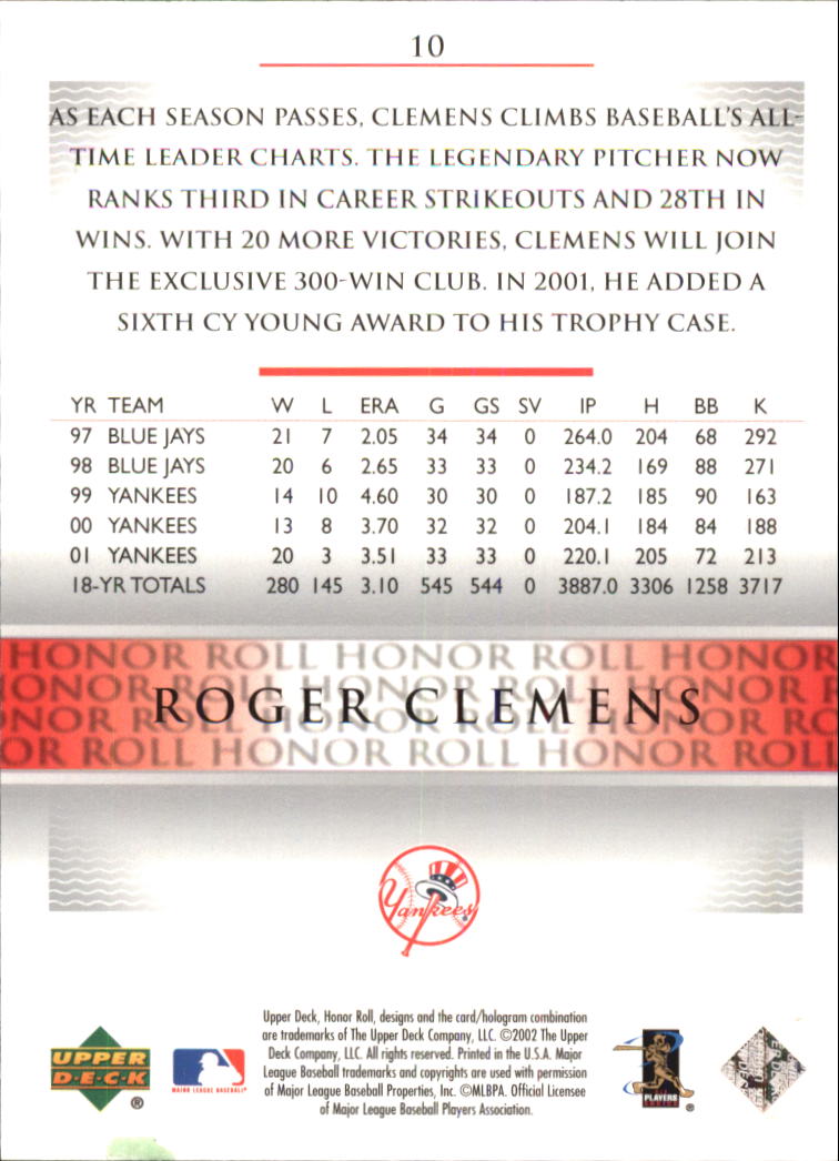 2002 Upper Deck Honor Roll #10 Roger Clemens ALD9 back image