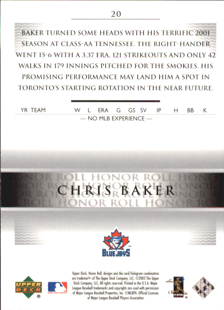 2002 Upper Deck Honor Roll #20 Chris Baker PD9 RC back image