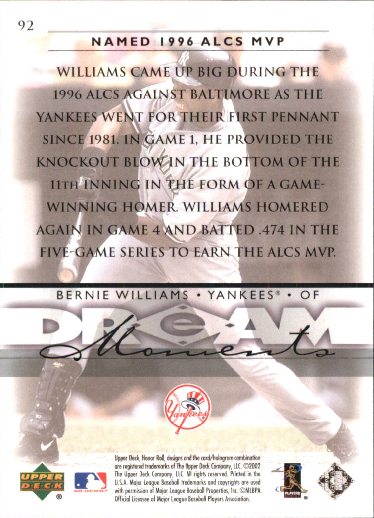2002 Upper Deck Honor Roll #92 Bernie Williams back image
